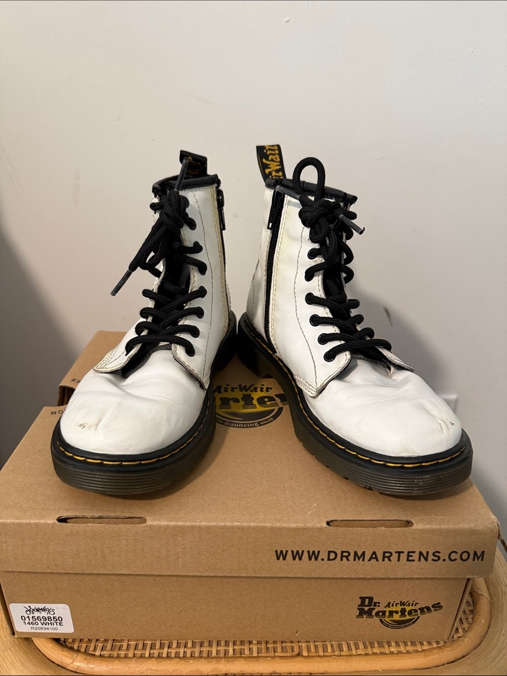 Kids Dr. Martens White Leather 8-Eye Boots with Black Accents